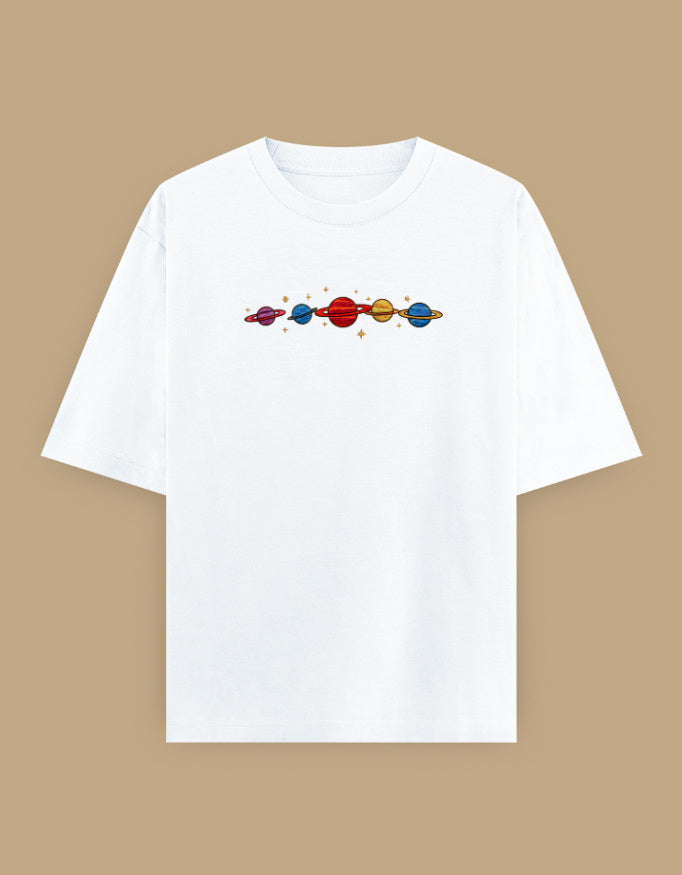White oversized t-shirt with colorful planets embroidery on the chest