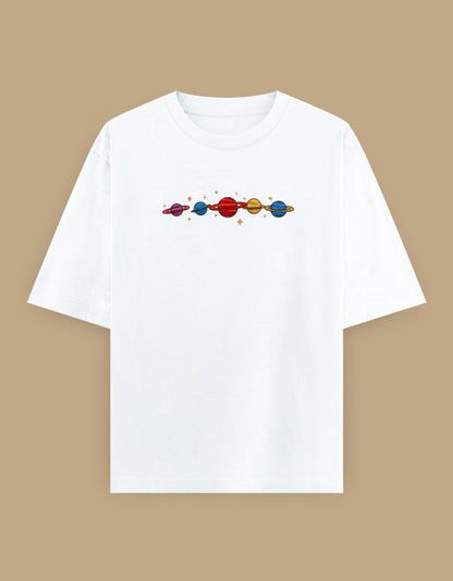 White oversized t-shirt with colorful planets embroidery on the chest