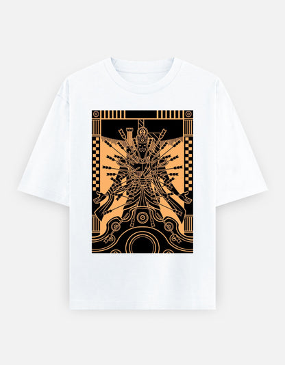 Unisex oversized classic t-shirt with white base, gold and black stylized figure graphic
