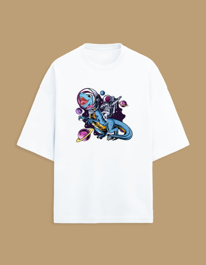 White T-shirt with astronaut riding dinosaur graphic, planets and space design on beige background