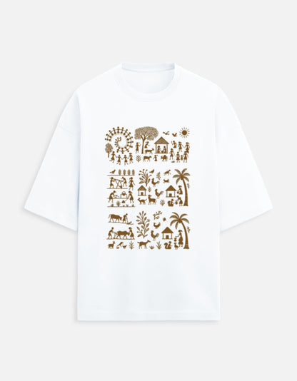 Unisex Terry Oversized Tee: white organic cotton with brown village and animal graphic