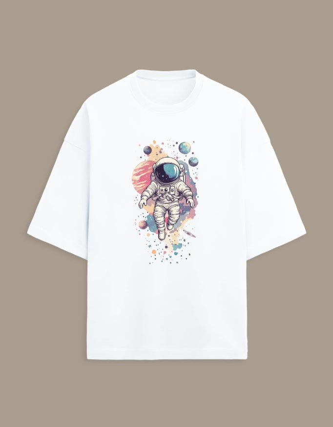 White t-shirt with colorful astronaut and planets graphic, space-themed apparel