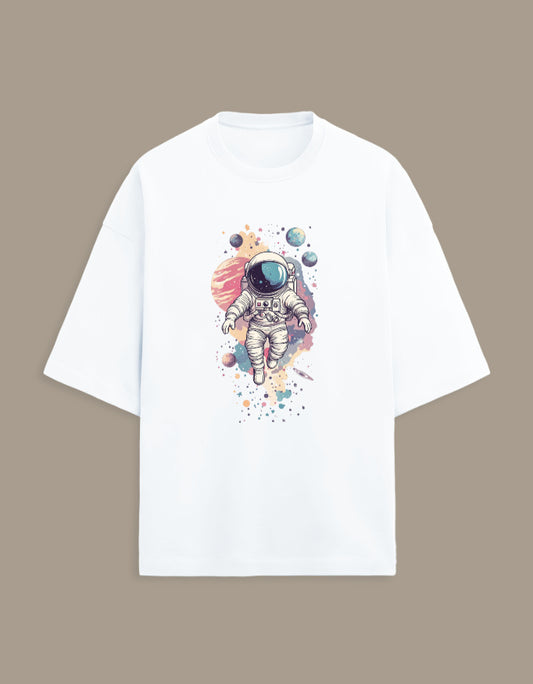 White t-shirt with colorful astronaut and planets graphic, space-themed apparel