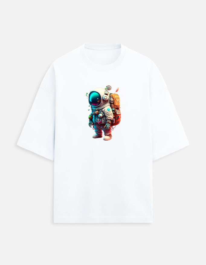 White t-shirt with colorful astronaut graphic on front, space-themed apparel