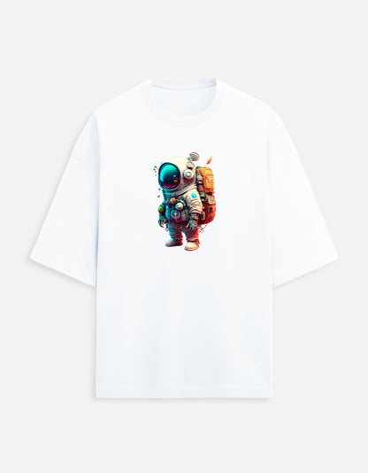 White t-shirt with colorful astronaut graphic on front, space-themed apparel