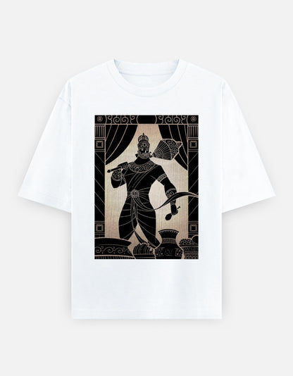White t-shirt with black violinist graphic in traditional attire