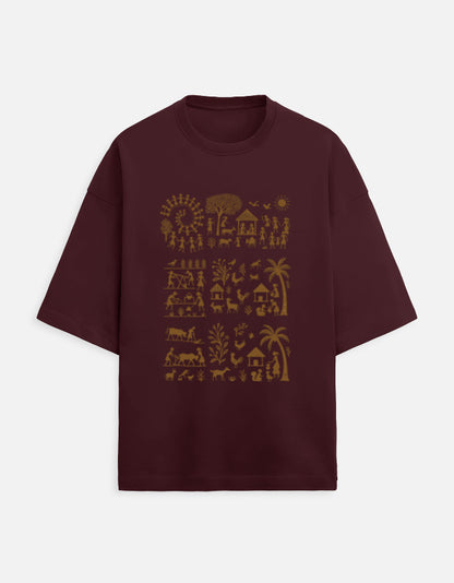 Burgundy Unisex Terry Oversized Tee with gold tropical palm tree graphic