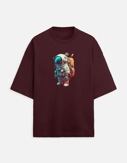 Maroon t-shirt with colorful astronaut graphic on front, space themed streetwear