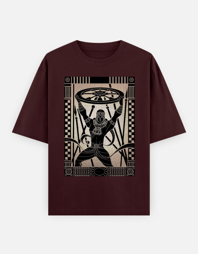 Burgundy unisex oversized t-shirt with ancient Egyptian wheel figure graphic