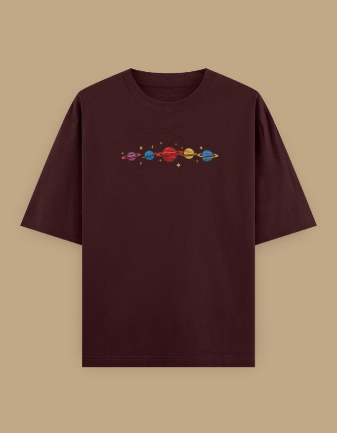 Maroon oversized t-shirt with colorful planets embroidery on the chest