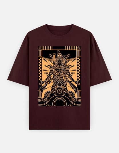 Unisex oversized burgundy t-shirt with gold black graphic figure