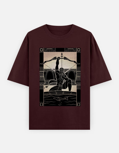 Unisex oversized maroon t-shirt with black arrow graphic