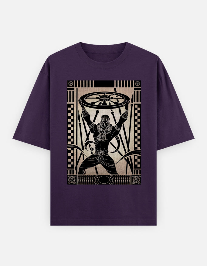 Purple Unisex Oversized T-Shirt with Figure Holding Wheel Design