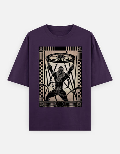 Purple Unisex Oversized T-Shirt with Figure Holding Wheel Design