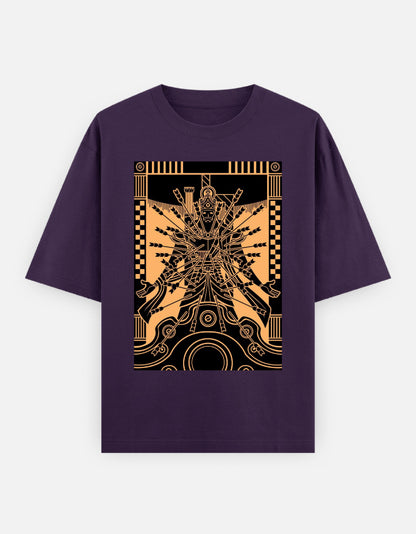 Purple Unisex Oversized T-Shirt with Gold Black Stylized Figure Graphic