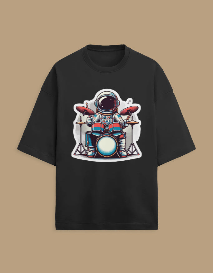 Black t-shirt with cartoon astronaut playing drums graphic on front