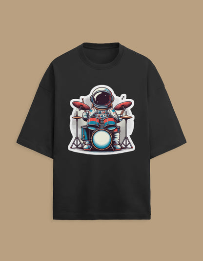 Black t-shirt with cartoon astronaut playing drums graphic on front