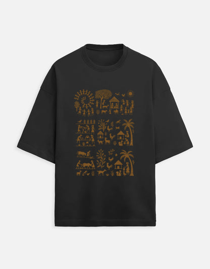 Black oversized unisex terry tee with gold tropical palm tree graphic