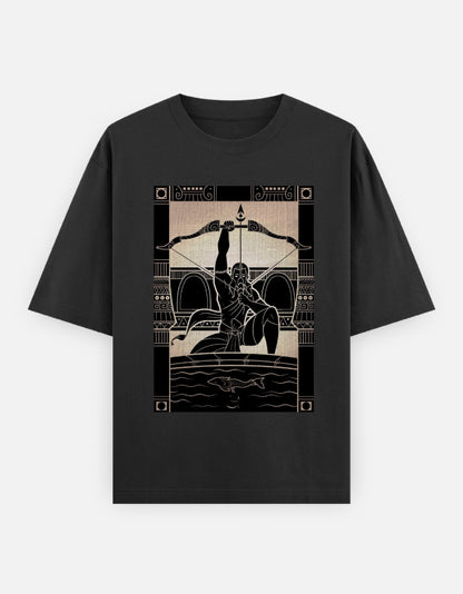 Unisex oversized classic black t-shirt with arrow-holding figure graphic