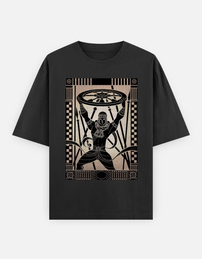 Unisex oversized black t-shirt with beige-brown geometric figure graphic