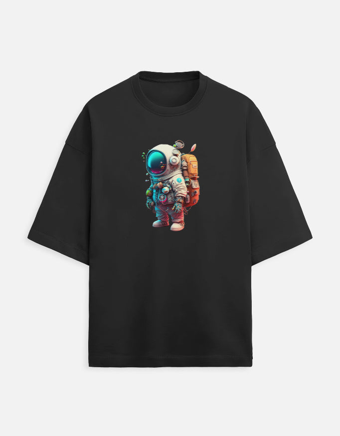 Black oversized t-shirt with colorful cartoon astronaut graphic on front, space fashion tee