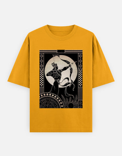 Mustard yellow Arjun oversized t-shirt with black Greek archer graphic