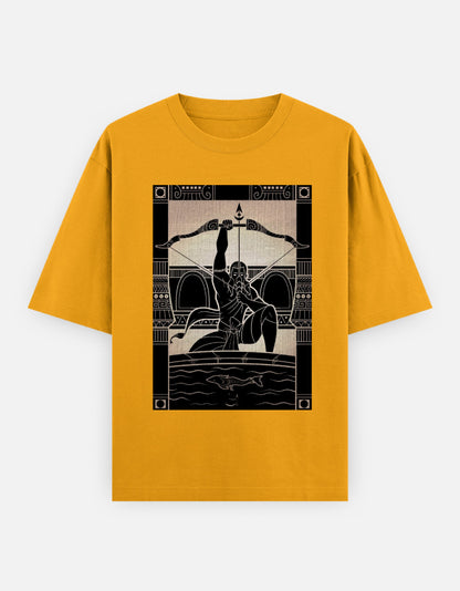 Mustard yellow unisex oversized t-shirt with black arrow figure graphic