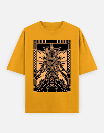 Mustard yellow oversized unisex t-shirt with black armored figure graphic