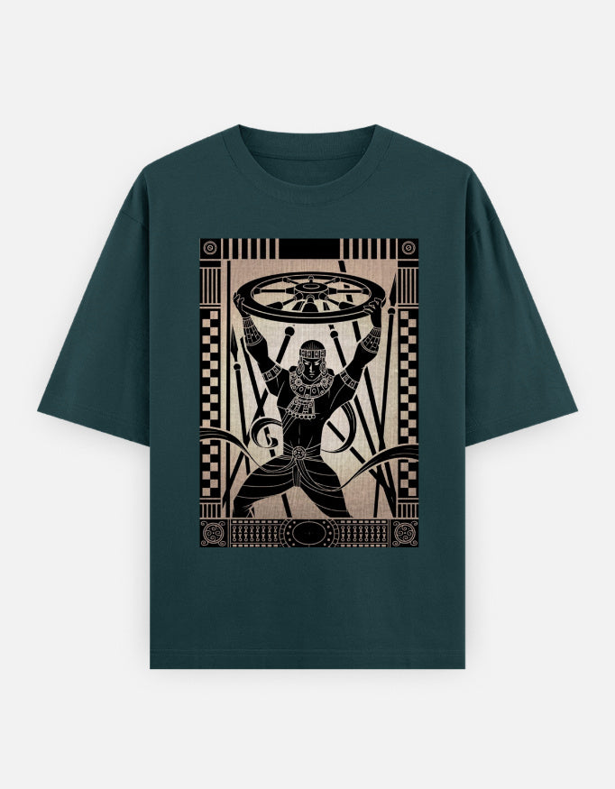Unisex oversized dark green t-shirt with man holding wheel graphic