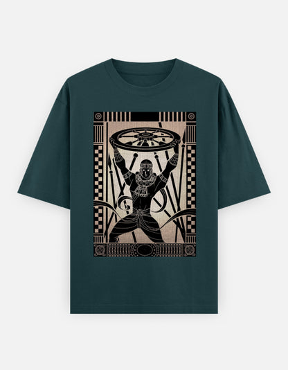 Unisex oversized classic t-shirt in dark green with man holding wheel graphic