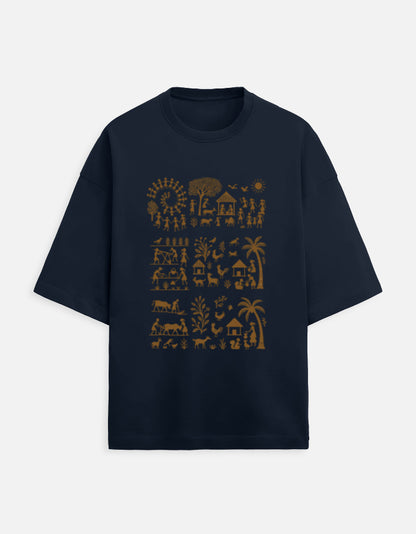 Navy blue oversized unisex terry tee with gold tropical print