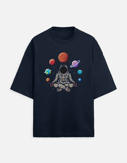 Black t-shirt with meditating astronaut and colorful planets graphic design
