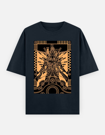 Navy blue unisex oversized t-shirt with gold intricate figure graphic