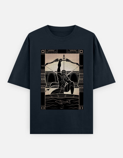 Unisex oversized navy blue t-shirt with beige black archer boat graphic