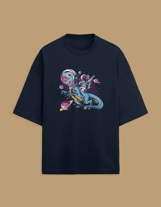 Black t-shirt with astronaut dinosaur riding in space, colorful planets in background