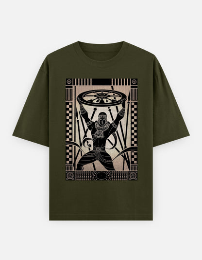 Unisex oversized olive green t-shirt with warrior shield sword graphic