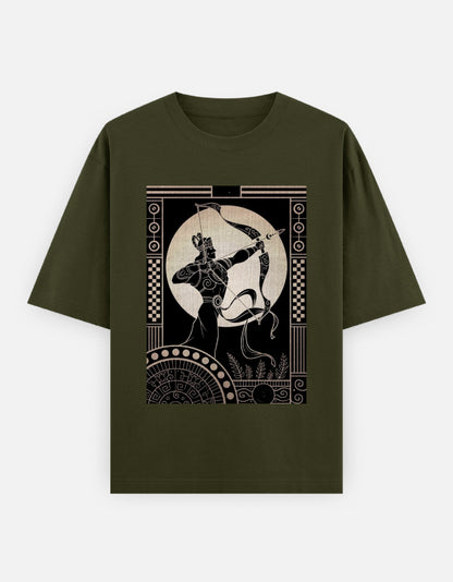 Olive green Arjun oversized t-shirt with black and white archer graphic