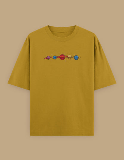 MustardYellow oversized t-shirt with colorful planets embroidery on the chest