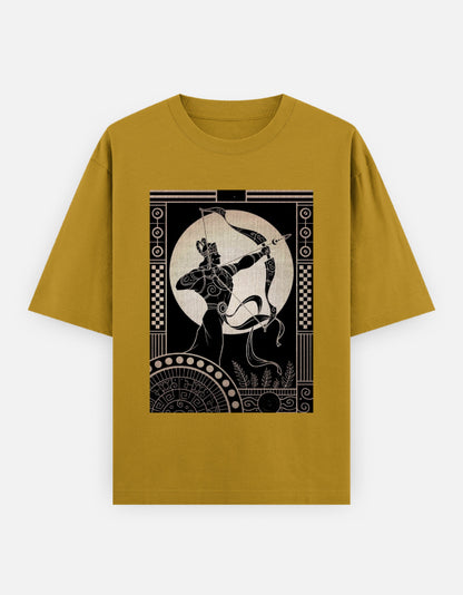 Mustard yellow Arjun oversized t-shirt with centaur bow graphic