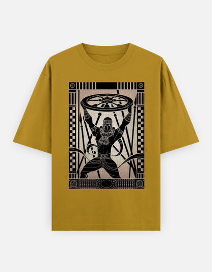 Mustard yellow unisex oversized t-shirt with black graphic design