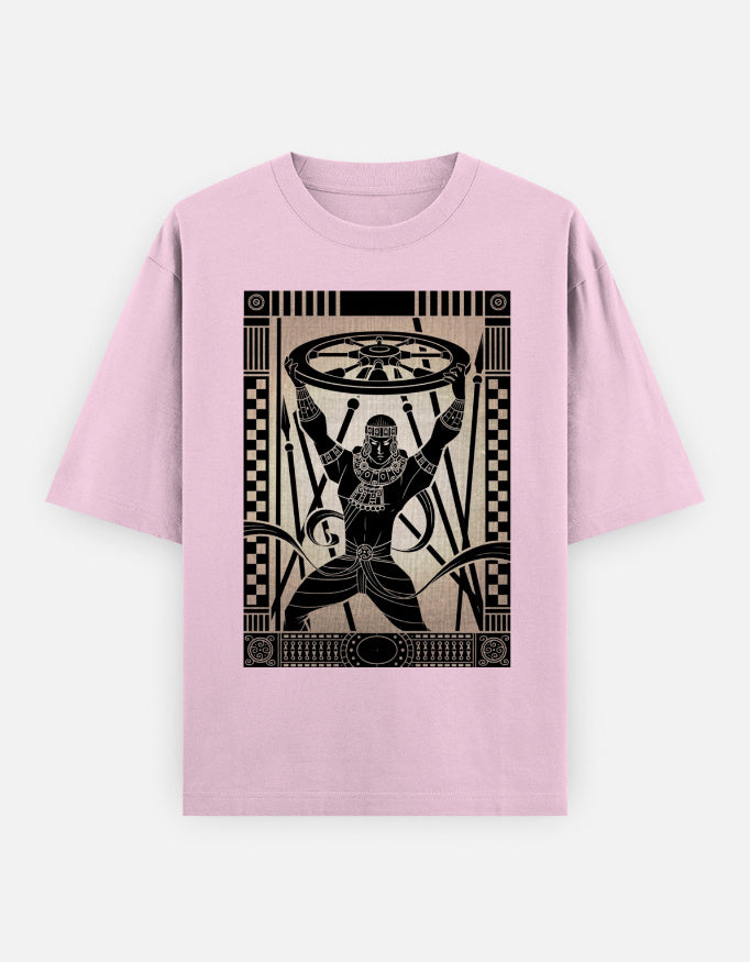 Lavender unisex oversized t-shirt with black figure holding wheel graphic