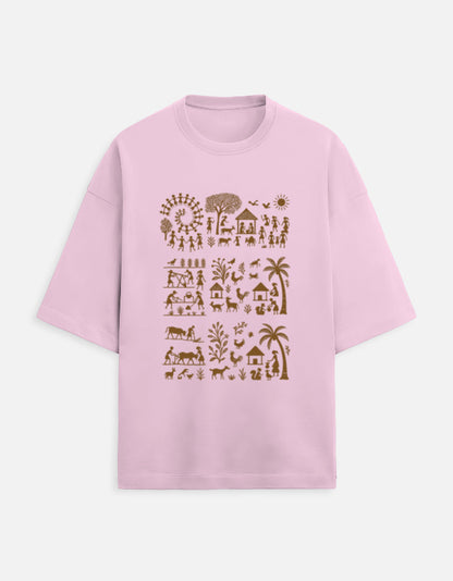 Lavender Uniqlo Unisex Terry Oversized Tee with gold foil village and animals print