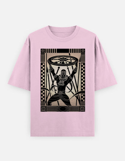 Lavender unisex oversized t-shirt with black graphic of figure holding wheel