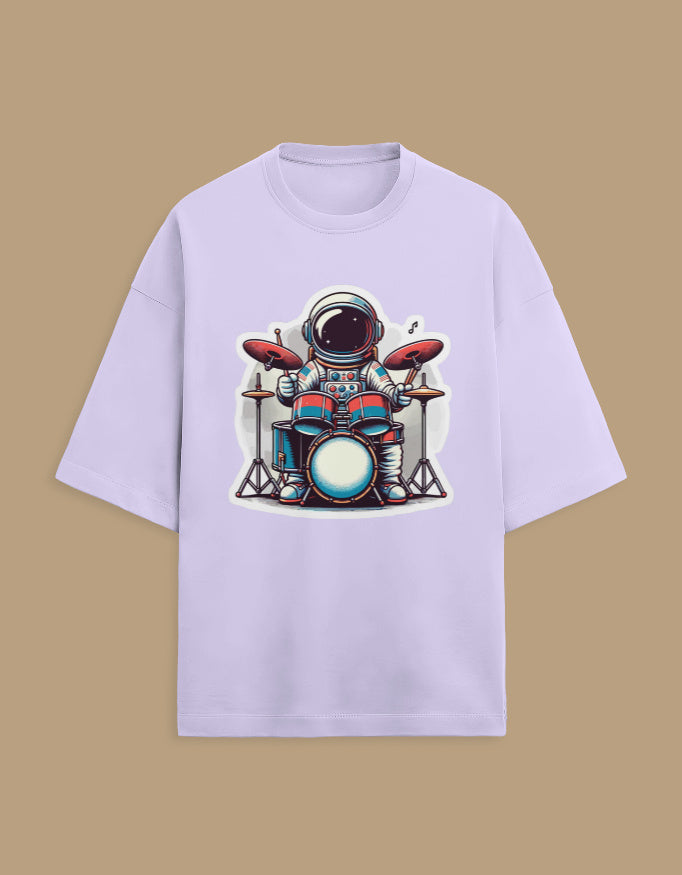 Light purple t-shirt with astronaut playing drums graphic, casual space-themed apparel