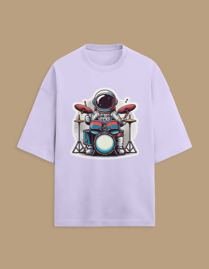 Light purple t-shirt with astronaut playing drums graphic, casual space-themed apparel