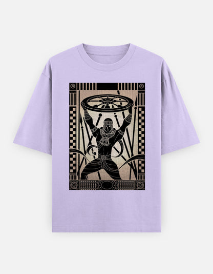 Unisex oversized lavender t-shirt with black and white man holding wheel graphic