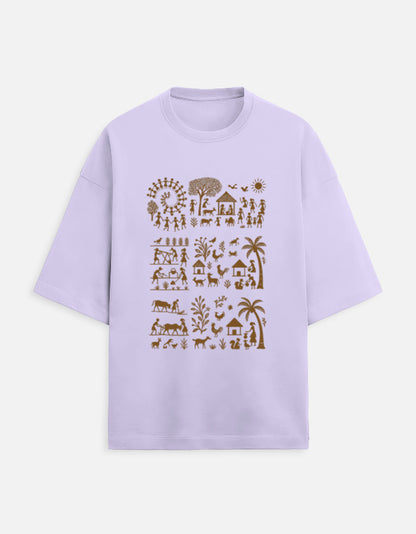 Lavender unisex terry oversized tee with gold batik village scene print