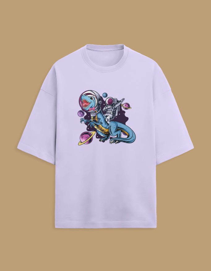 Light purple t-shirt with astronaut riding dinosaur graphic and colorful planets
