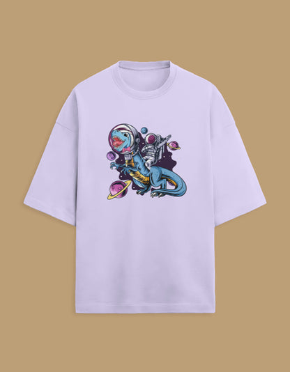 Light purple t-shirt with astronaut riding dinosaur graphic and colorful planets