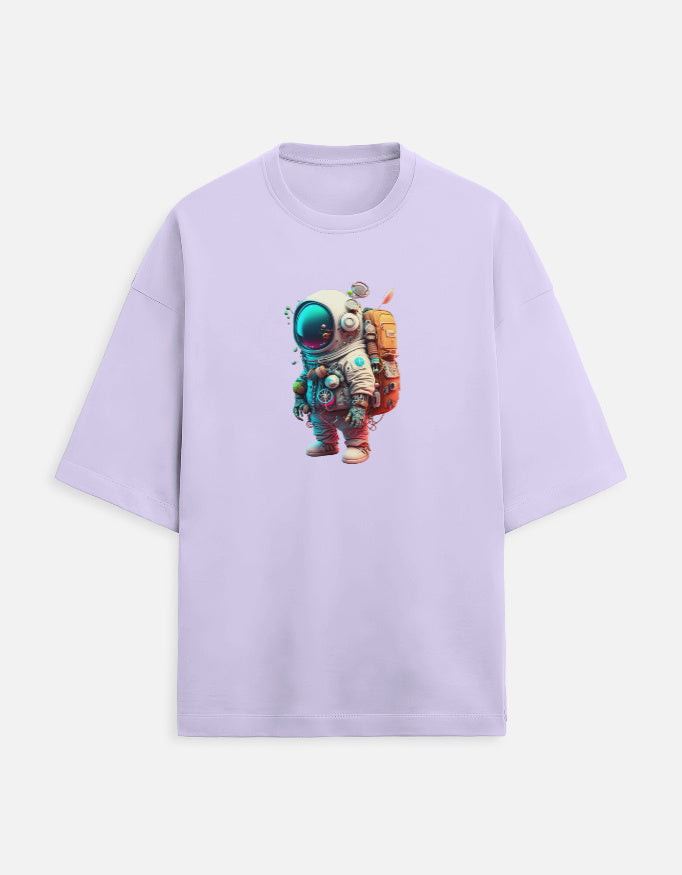 Lilac t-shirt with colorful astronaut graphic on front, space-themed casual wear